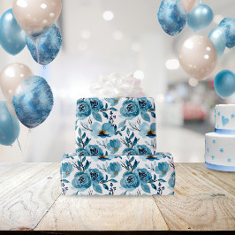 Elegant Dusty Blue White Blommigt Vattenfärg Presentpapper