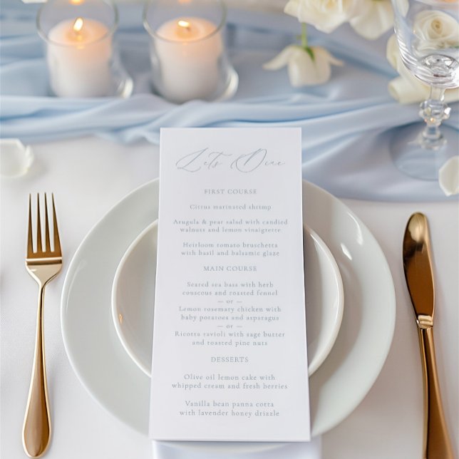 Elegant Dusty Blue & White Bröllop Menu Meny (Elegant Dusty Blue & White Wedding Menu)