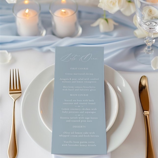 Elegant Dusty Blue & White Bröllop Menu Meny (Elegant Dusty Blue & White Wedding Menu)