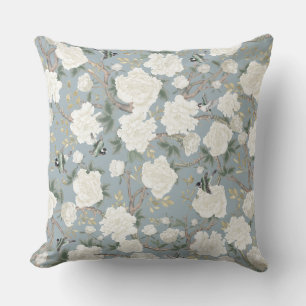 Elegant Dusty Blue White Chinoiserie Flowers Birds Kudde