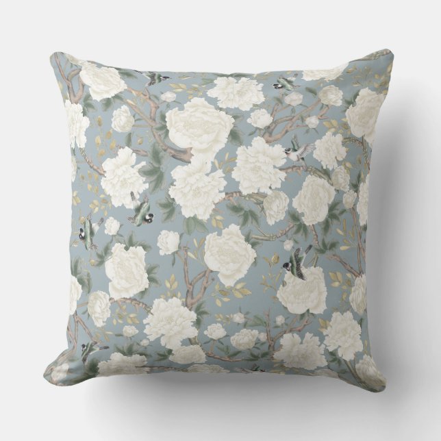 Elegant Dusty Blue White Chinoiserie Flowers Birds Kudde (Framsida)