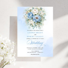 Elegant Dusty Blue White Floral Gold Wedding Inbjudningar