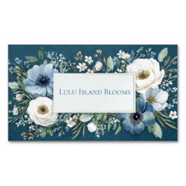 Elegant Dusty Blue White Floral Teal Gold Frame Magnetiska Visitkort