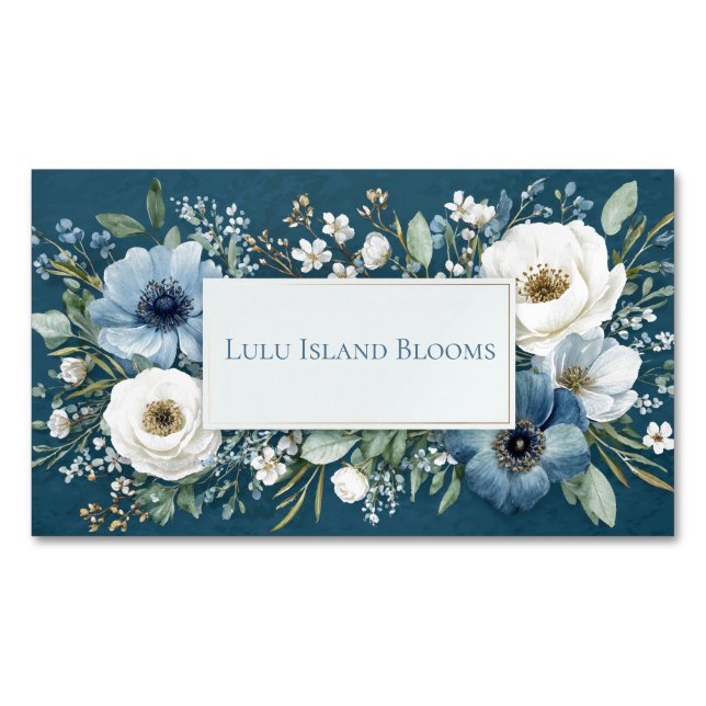Elegant Dusty Blue White Floral Teal Gold Frame Magnetiska Visitkort (Framsida)