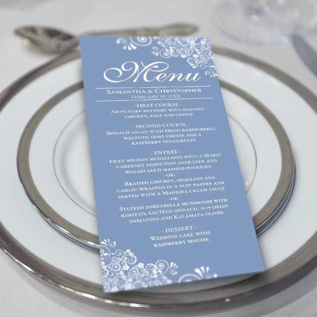 Elegant Dusty Blue & White Frilly Corners Bröllop Meny (On Plate)