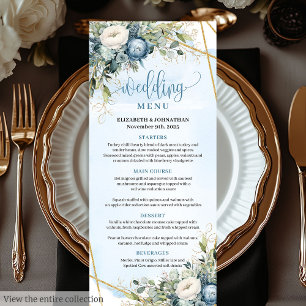 Elegant Dusty Blue White Guld Blommigt Bröllop Men Meny
