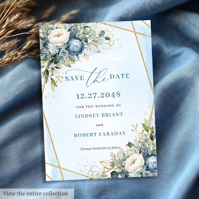 Elegant Dusty Blue White Guld Blommigt Spara datum Inbjudningar (Elegant Dusty Blue White Gold Floral Save The Date)