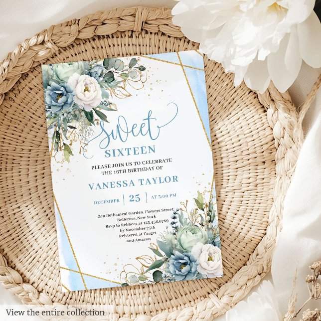 Elegant Dusty Blue White Guld Blommigt Sweet 16 Inbjudningar (Elegant Dusty Blue White Gold Floral Sweet 16 Invitation)