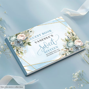 Elegant Dusty Blue White Guld Blommigt Sweet sixte Gästböcker