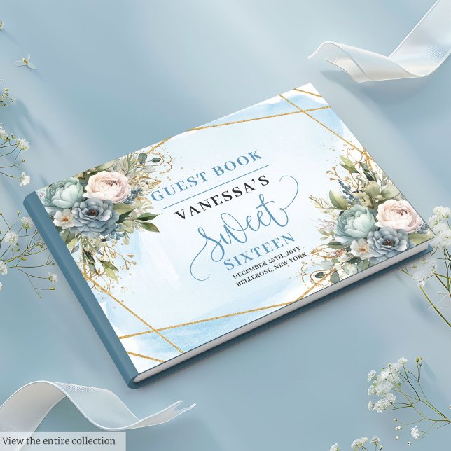 Elegant Dusty Blue White Guld Blommigt Sweet sixte Gästböcker (Elegant Dusty Blue White Gold Floral Sweet Sixteen Guest Book)