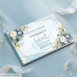 Elegant Dusty Blue White Guld Blommigt Sweet sixte Gästböcker