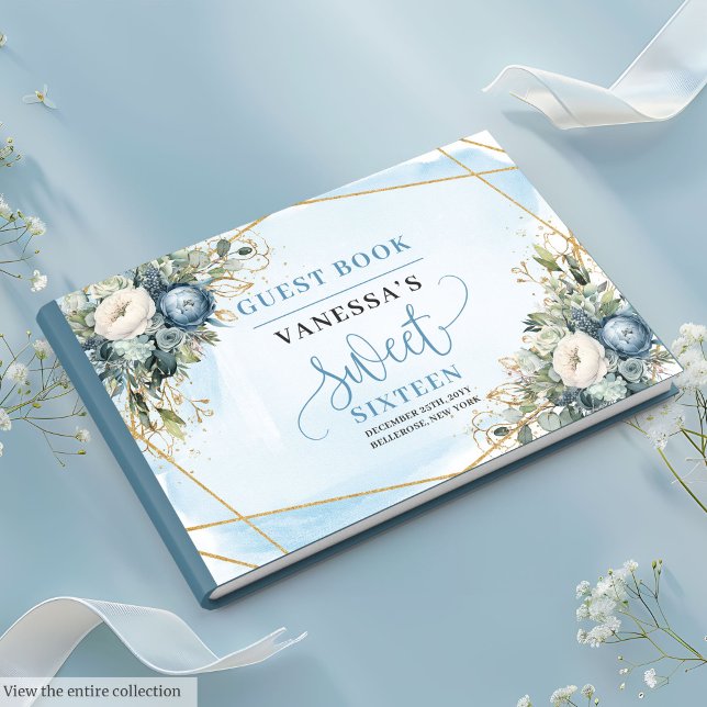 Elegant Dusty Blue White Guld Blommigt Sweet sixte Gästböcker (Elegant Dusty Blue White Gold Floral Sweet 16 Guest Book)