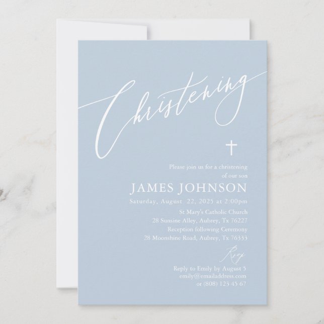 Elegant Dusty Blue White Kor Boy Christening Inbjudningar (Framsida)