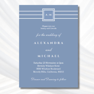 Elegant Dusty Blue White Monogram Modern Bröllop Inbjudningar