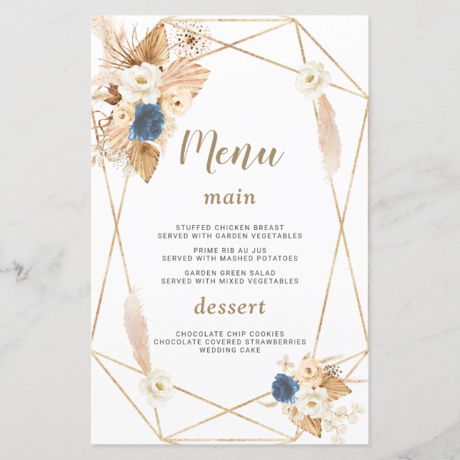 Elegant Dusty Blue White Peach Ro Bröllop Menu (Framsida)