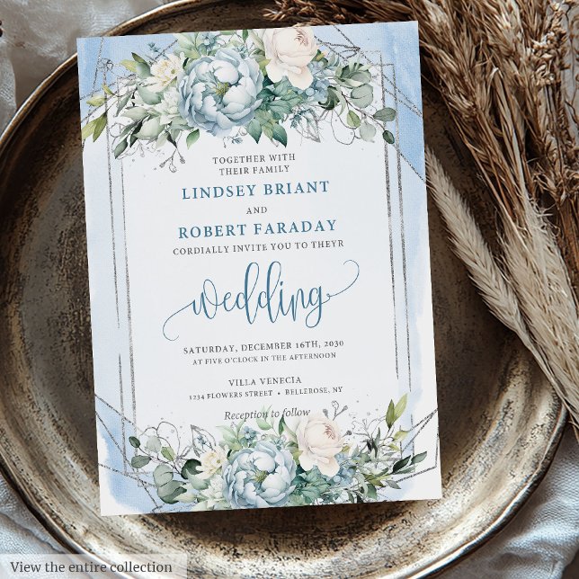 Elegant Dusty Blue White Silver Peonies Bröllop Inbjudningar (Elegant Dusty Blue White Silver Peonies Wedding Invitation)
