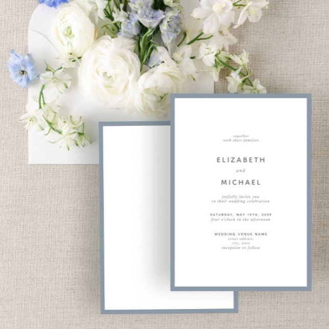 Elegant Dusty Blue & White Typography Bröllop Inbjudningar (Skapare uppladdad)