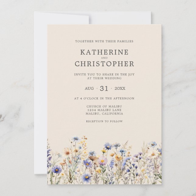 Elegant Dusty Blue Wildblombudget Beige Bröllop Inbjudningar (Framsida)