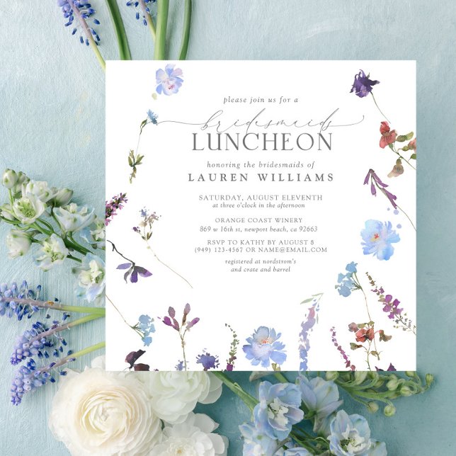 Elegant Dusty Blue Wildblomma Bridesmaid Luncheon Inbjudningar (Skapare uppladdad)