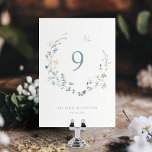 Elegant Dusty Blue Wildblomma Rustic Boho Bröllop Bordsnummer<br><div class="desc">Elegantens känsliga vattenfärgssnäckor,  utandningsdesign. Pastellpaletter av mjuk gult,  benvit,  grönt,  dammblått och botaniskt grönt,  kort av Underbar blommigt med bord för moderna rustiska bröllop,  bröllop trädgårdsbröllop och boho land i bröllop och sommar. Visa alla matchande delar i samlingen.</div>