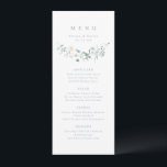 Elegant Dusty Blue Wildblomma Rustic Boho Bröllop Meny<br><div class="desc">Elegantens känsliga vildblomskonstruktion för vattenfärger,  med anpassningsbar dina egna uppgifter. Pastellpaletter av mjuk gult,  benvit,  grönt,  dammblått och botaniskt grönt,  enkelt och romantiskt. Underbar blommigt bröllop-menyer för det moderna ryska bröllop,  land trädgårdsbröllop och boho bröllop i vår och sommar.</div>