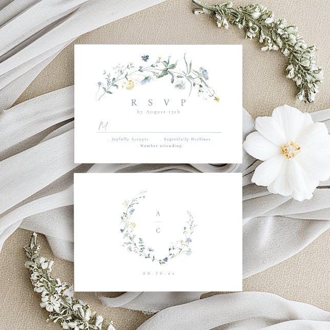 Elegant Dusty Blue Wildblomma Rustic Boho Bröllop OSA Kort (Elegant Dusty Blue Wildflower Rustic Boho Wedding RSVP Card)