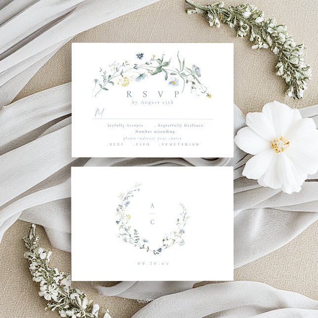 Elegant Dusty Blue Wildblomma Rustic Boho Bröllop OSA Kort (Elegant Dusty Blue Wildflower Rustic Boho Wedding RSVP Card)