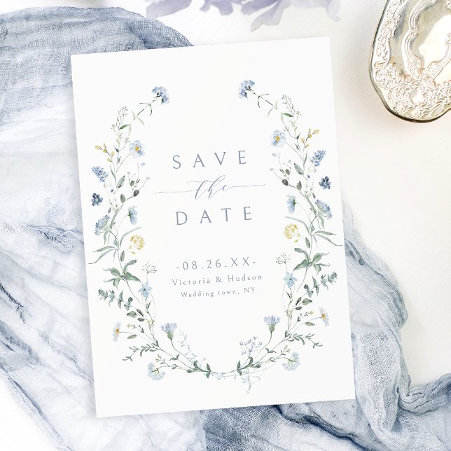 Elegant Dusty Blue Wildblomma Rustic Boho Bröllop Spara Datumet (Elegant Dusty Blue Wildflower Rustic Boho Wedding Save The Date)