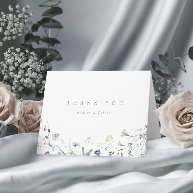 Elegant Dusty Blue Wildblomma Rustic Boho Bröllop Tack Kort (Elegant Dusty Blue Wildflower Rustic Boho Wedding Thank You Card)