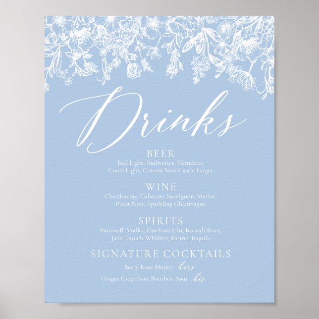 Elegant Dusty Blue Wildblommor Drinks Menu Sign Poster (Framsidan)
