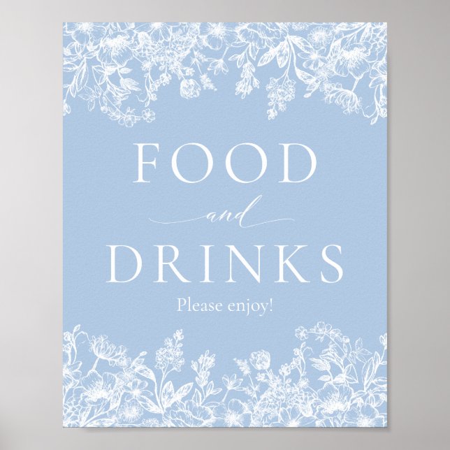 Elegant Dusty Blue Wilfloral Food and Drinks Sign Poster (Framsidan)