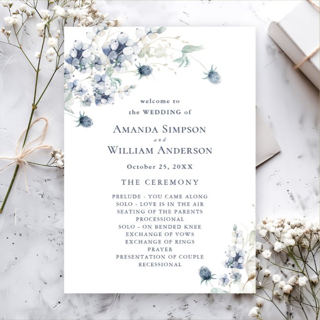 Elegant Dusty Blue Winter Wedding Ceremony Program (Skapare uppladdad)