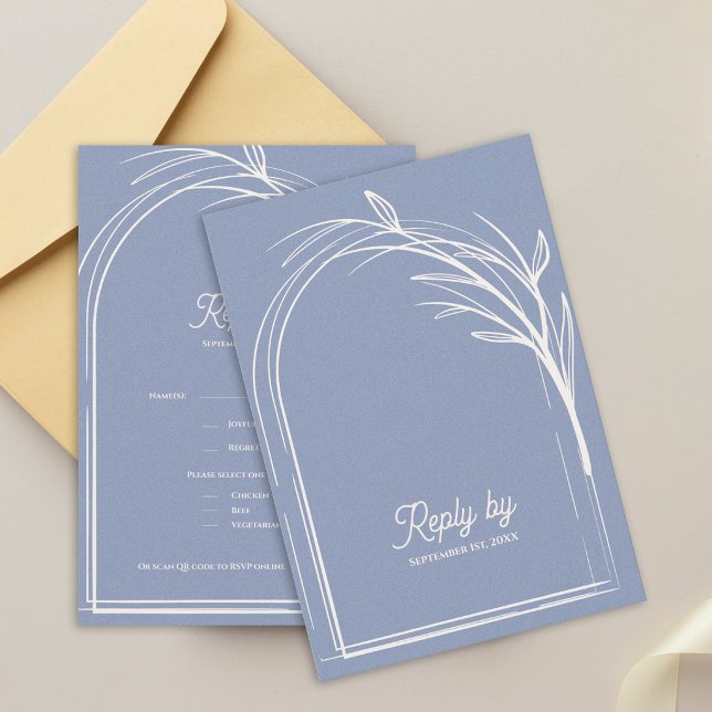Elegant Dusty Blue With QR Code Wedding Reply By OSA Kort (Dusty Blue Minimalist Arch Botanical Wedding RSVP Card with QR Code | Modern Wedding Reply Card)