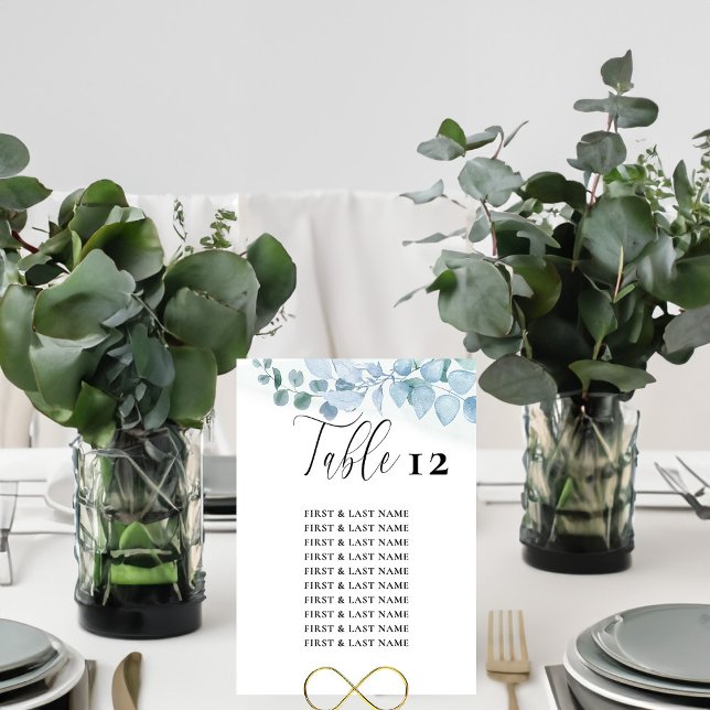 Elegant Dusty Eucalyptus Bord sätskort Inbjudningar (Table Number and Guest Seating List from Dusty Eucalyptus wedding collection)