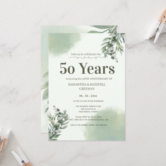 Elegant Dusty Green Script Wedding Anniversary  Inbjudningar (Fram/Back In Situ)