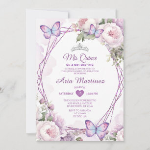 Elegant Dusty Lila Blommigt Butterfly Mis Quince Inbjudningar