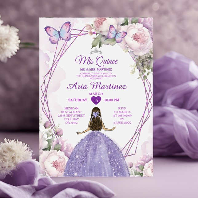 Elegant Dusty Lila Princess Butterfly Mis Quince Inbjudningar (Skapare uppladdad)