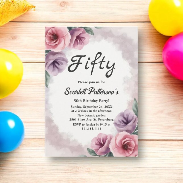 Elegant Dusty Lila Watercolor Blommigt Birthday Inbjudningar (Skapare uppladdad)