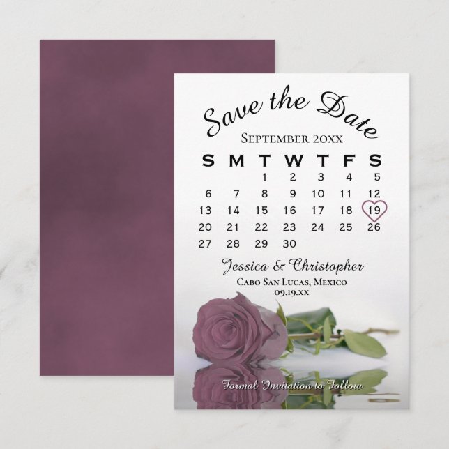 Elegant Dusty Mauve Rosa ros Bröllop Calendar Spara Datumet (Fram/baksida)