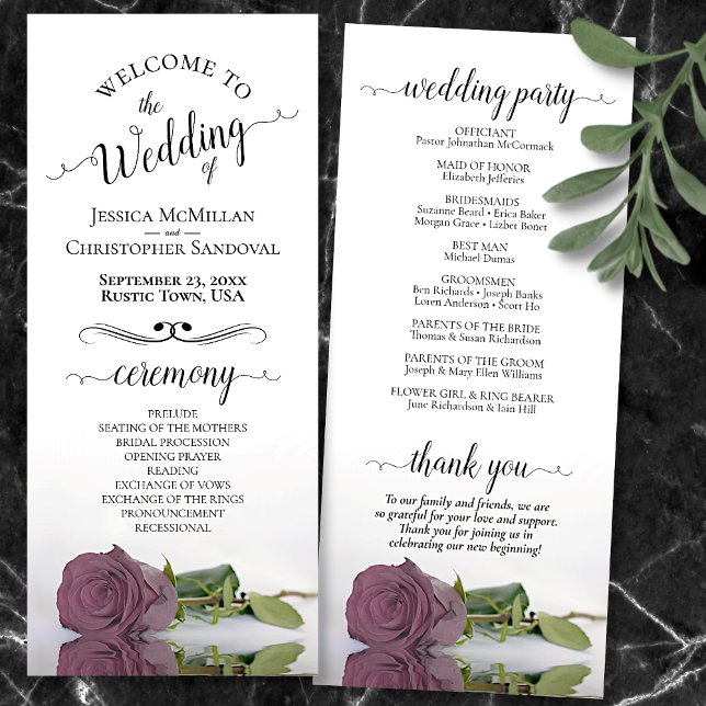 Elegant Dusty Mauve Rosa ros Romantic Bröllop Program (Front and Back)