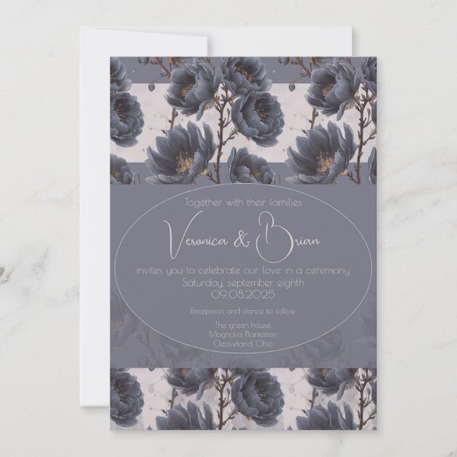 Elegant Dusty Navy Blue bröllop Blommigt Inbjudningar (Framsida)