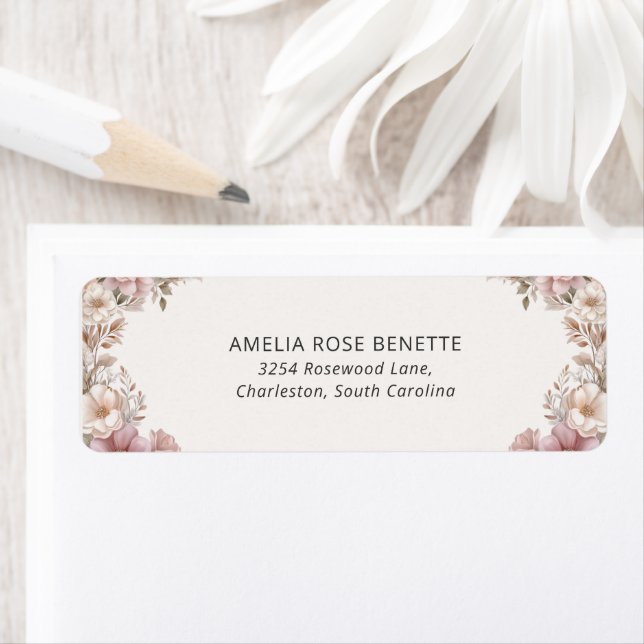 Elegant Dusty Pink Cream Magnolia Floral Wedding Returadress Etikett (Insitu)