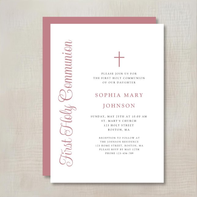 Elegant Dusty Pink Script Girl First Communion Inbjudningar (Skapare uppladdad)