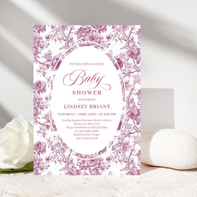 Elegant Dusty Pink Toile Roses Baby Shower Invitе Inbjudningar (Elegant Dusty Pink Toile Roses Baby Shower Invitation)
