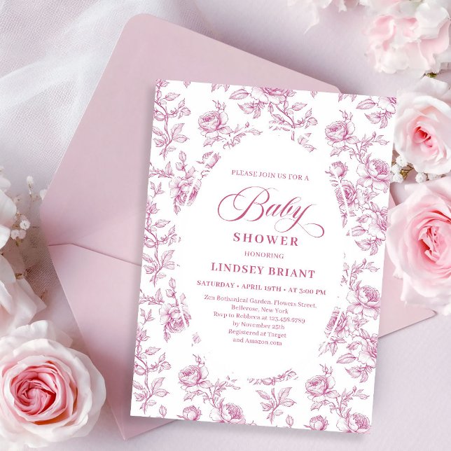 Elegant Dusty Pink Toile Roses Baby Shower Invite Inbjudningar (pink French toile de jouy,
Luxurious blush roses baby shower,
dusty pink flowers botanical garden,
R)