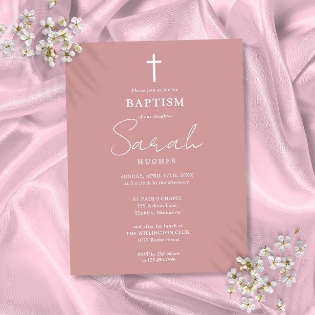 Elegant Dusty Ro Baptism Christening-inbjudan Vykort (Elegant Dusty Rose Baptism Christening Invitation Postcard)