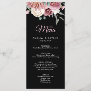 Elegant Dusty Ro Blommigt black Bröllop Menu Meny