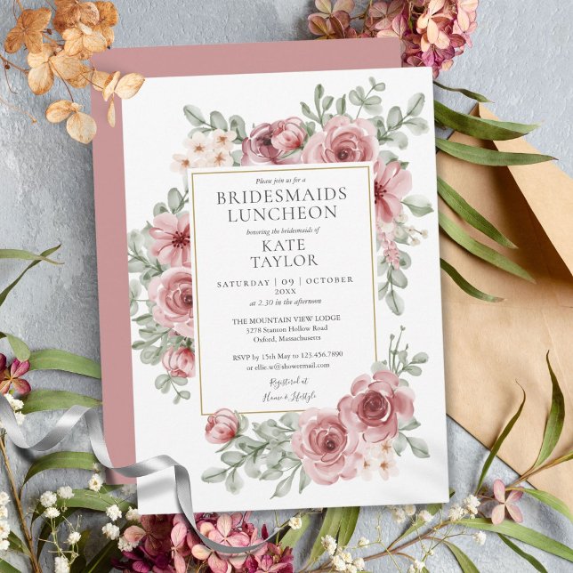 Elegant Dusty Ro Blommigt Bridesmaids Luncheon Inbjudningar (Elegant Dusty Rose Floral Bridesmaids Luncheon Invitation)
