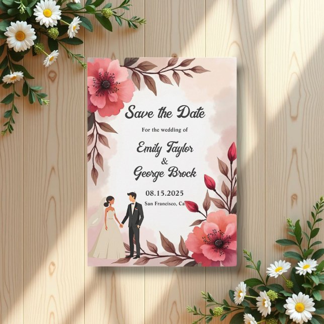 Elegant Dusty Ro Bride and Groom Blommigt Bröllop Spara Datumet (Skapare uppladdad)