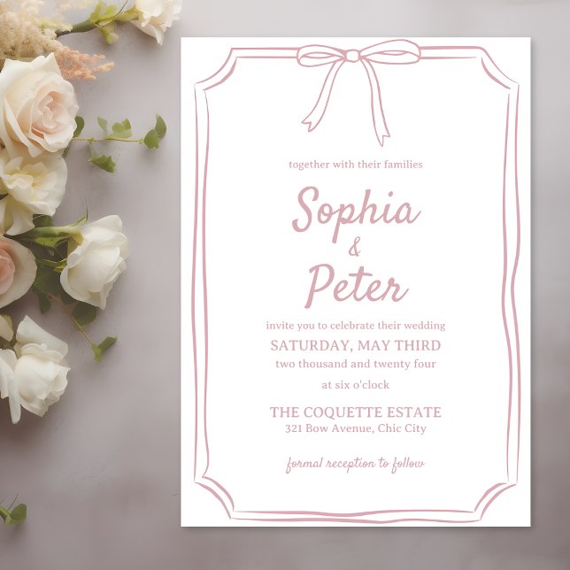 Elegant Dusty Ro Hand-Drawn Bow Timless Bröllop Inbjudningar (Graceful and timeless, this dusty rose wedding invitation brings a touch of elegance to your wedding)